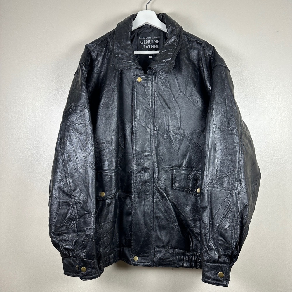 Napoline Leather Outfitters Men's XXXL Bomber Jacket Black Patchwork Leather